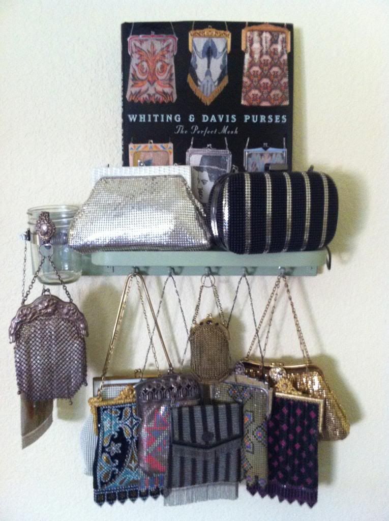 Some of my purse collection. Whiting & Davis and Mandalian. Purse at left is a chatelaine purse circa 1890. photo image_zps3345fcb1.jpg