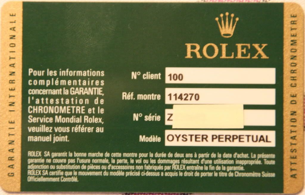 rolex certificate card