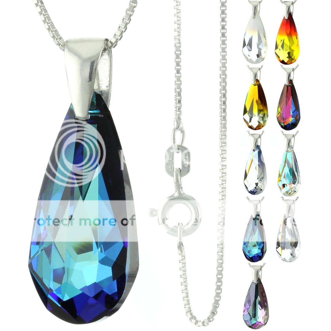  Sterling Silver Faceted Teardrop Bermuda Blue Crystal Pendant Necklace